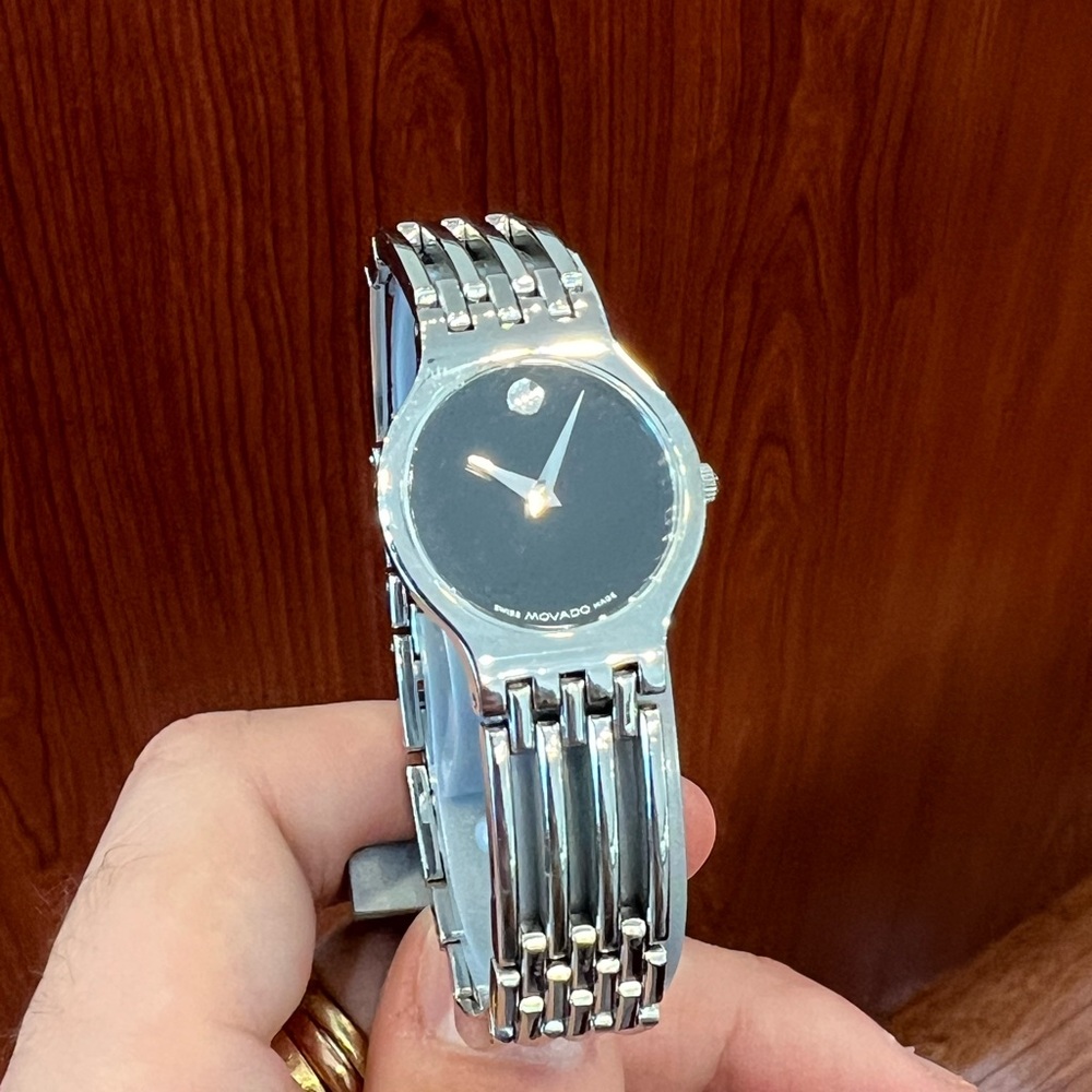 Movado Ladies Esperanza Silver Watch with Black Dial